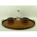 A cut glass decanter with a silver collar, Birmingham 1992, a pair of plated coasters, 7cm,