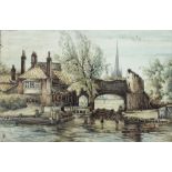 WRW (British): a 19th century study of a riverside cottage, with church spire in the distance,