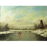 Raymond Price: 20th century, a winter scene with ice skaters and a windmill, oil on canvas,