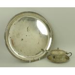 An Italian 800 silver circular tray, 33cm, and an 800 silver and cut glass conserve dish,