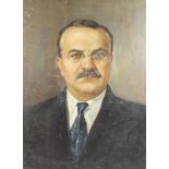 A Russian portrait of Vyacheslav Molotov, oil on canvas, with name verso, circa 1950, 96 by 70cm.