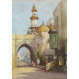 Margaret Lomax: a continental street scene, with figures before a minarette, watercolour,