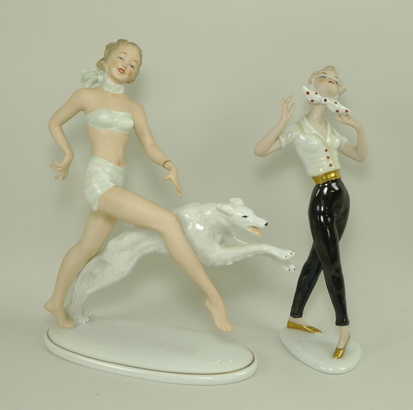 A Wallendorf porcelain figurine depicting an Art Deco style figure of a woman with a saluki running,