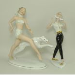 A Wallendorf porcelain figurine depicting an Art Deco style figure of a woman with a saluki running,