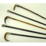 A group of five walking sticks, comprising one with silver crown shaped collar,