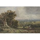 Gomshall (English School, 19th century): an extensive landscape with rain clouds in the distance,