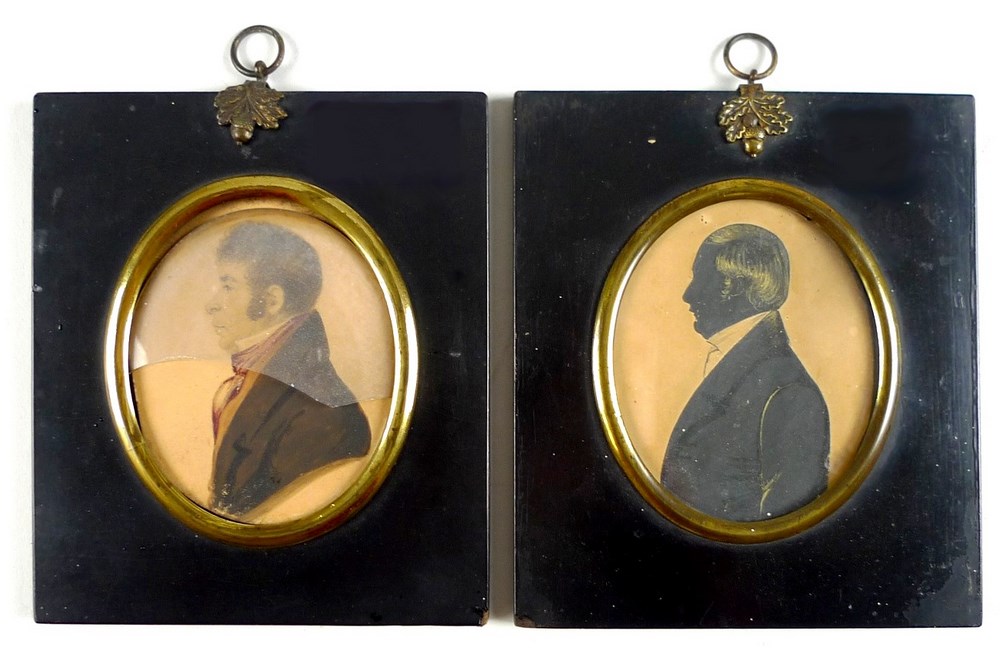 A Victorian miniature of a gentleman, watercolour on board, and a silhouette,