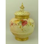 A Royal Worcester blush ivory pot pourri and cover of lobed form with basket weave base and moulded