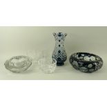 A German overlay glass bowl, the blue and clear glass cut with roses and block and star pattern,