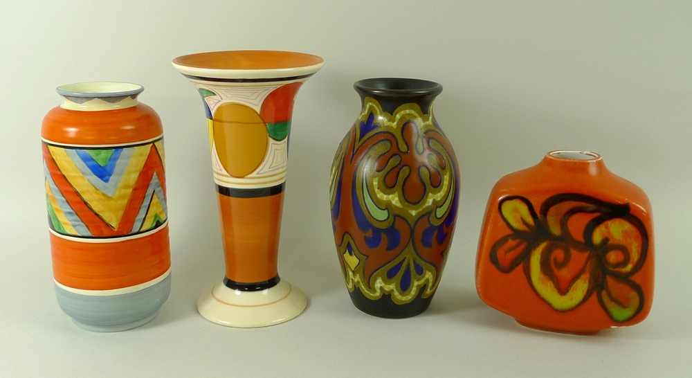 A collection of vases comprising a Crown Ducal vase, 15cm, a Gouda vase, 11cm, trumpet vase, 16cm,
