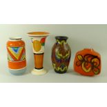 A collection of vases comprising a Crown Ducal vase, 15cm, a Gouda vase, 11cm, trumpet vase, 16cm,