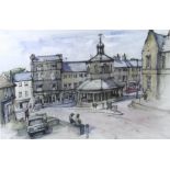 Douglas Pittuck (20th century): Buttermarket, Barnard Castle watercolour and charcoal sketch,