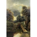 English school, a pair of landscapes with cottages, and a man fishing, oils on canvas,