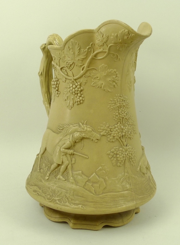A Victorian stoneware pitcher jug, by Cobridge, cast in relief with a hunting, - Image 3 of 5