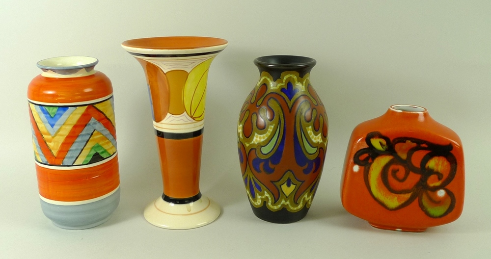 A collection of vases comprising a Crown Ducal vase, 15cm, a Gouda vase, 11cm, trumpet vase, 16cm, - Image 2 of 2