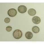 A collection of pre 1947 silver coins, including florins, half crowns, shillings, sixpences,