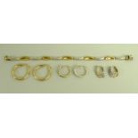 A 9ct yellow and white gold bracelet, together with three pairs of 9ct gold hoop earrings, 18.