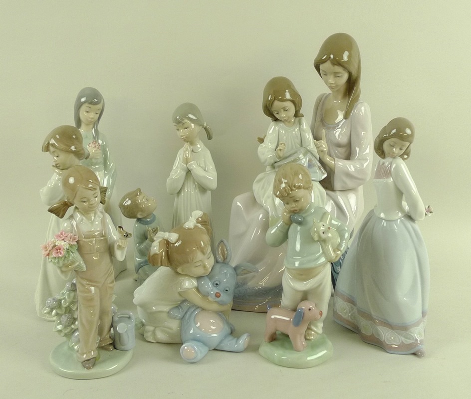 A group of four Lladro figurines, comprising First Sampler, 5767, 30cm, Sweet and Shy, 6754, 23cm,