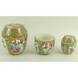 A set of three Canton Export porcelain covered boxes and two covers, late 19th century,