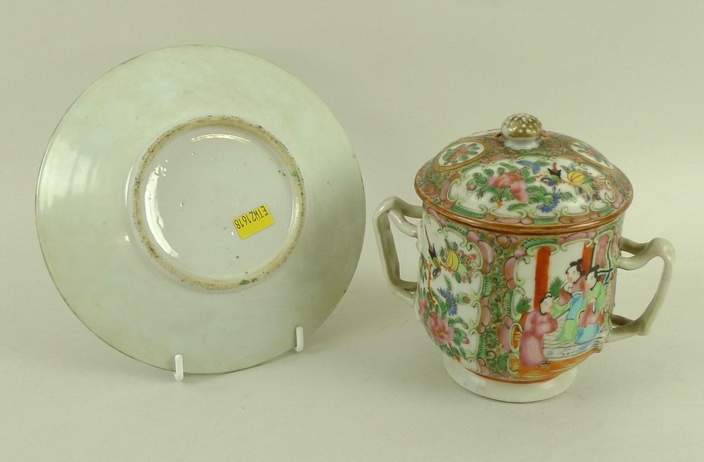 A Chinese Canton porcelain twin handled lidded cup, Qing Dynasty, 19th century, - Image 2 of 2