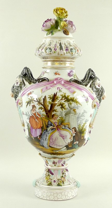 A large Berlin porcelain pot pourri vase and cover,