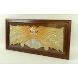 An Art Nouveau embroidery, depicting an angel in gold and silk thread, 54 by 21cm, framed.