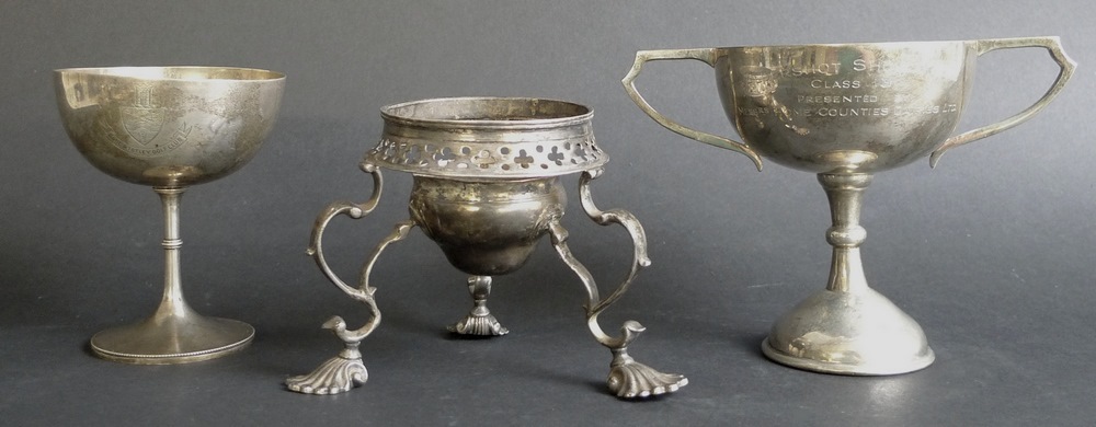 Two silver trophies, one with two angular handles, the bodied engraved Aldershot Show 1962,Class 13,