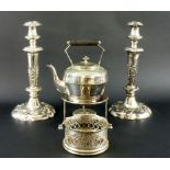 A selection of plated items including a bachelor's spirit kettle on stand, angular ebony handler,