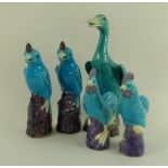 A group of modern Chinese turquoise glazed ceramic figurines, comprising a duck, 25cm,