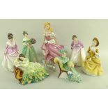 A group of six Royal Doulton ladies, comprising Solitude HN2810, Happy Birthday HN3660,