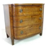 A George IV mahogany, crossbanded and inlaid bow fronted chest of three graduating drawers,