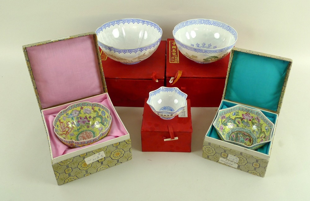 A group of Chinese eggshell porcelain bowls, mid 20th century, all in presentation boxes,