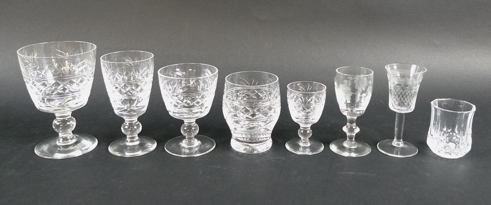A group of Royal Stuart cut glass table glasses, comprising six red wine glasses,