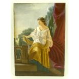 A KPM painted porcelain plaque of a young woman in Greco Roman attire standing on a balcony,