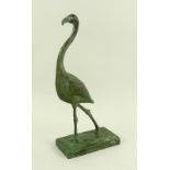 A bronze figure, late 20th century, modelled as a striding flamingo, on rectangular base,