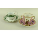 A Dresden porcelain twin handled porcelain tea cup and saucer, 19th century,