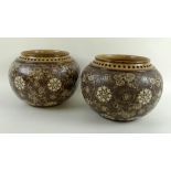 A pair of Doulton Lambeth jardinieres, circa 1920, of ovoid form with pierced rims,