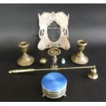 A selection of mostly silver items including an enamelled trinket box, lacking liner,