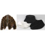 A mink bolero jacket, a black dyed Astrakhan muff bag, a lady's Frederick Fox white hat,