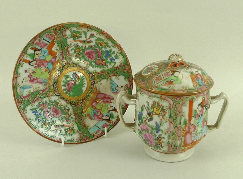 A Chinese Canton porcelain twin handled lidded cup, Qing Dynasty, 19th century,