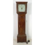 An early 19th century oak long case clock, 30 hour movement striking on a bell, white painted dial,