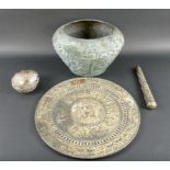 A selection of 19th century Asian and Indo Persian metalware including a white metal parasol handle,