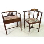 A Victorian mahogany, line and marquetry inlaid corner chair, recently re-upholstered seat,