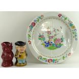 A large round Spode stone China meat plate with well and tree, Chinese flowers design,