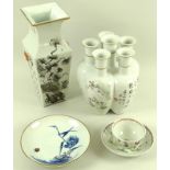 A selection of mostly Chinese ceramics, comprising a lion mask handle vase,