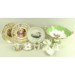 A collection of ceramics including a Rockingham comport with painted floral central design,