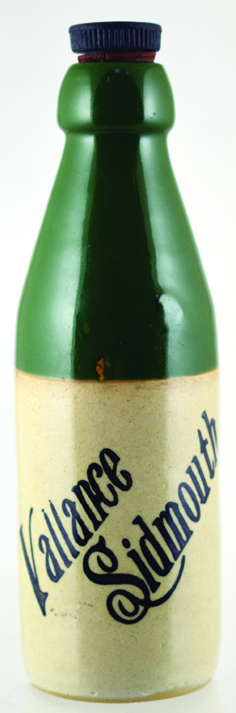SIDMOUTH GINGER BEER BOTTLE. 8ins tall, ch. Green top, black transfer, VALLANCE SIDMOUTH. Bourne