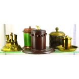 TOBACCO JARS GROUP. Brass circular shape with zinc liner, copper & leather jar, brass example with