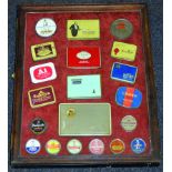 WOODEN FRAMED TOBACCO TINS DISPLAY. 29 by 23.5ins, cigarette & tobacco tins, Kensitas, Cravenâ€ˆA,