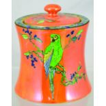 CARLTON WARE TOBACCO JAR. 5.25ins tall to top of lid. Parrots pictured on orange background c. 1906.